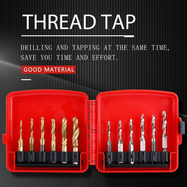 12 Pcs/Set M3-M10 Hex Shank Titanium Plated HSS Screw Thread Tap Drill Bits Thread Tap with Red Organizer Case 